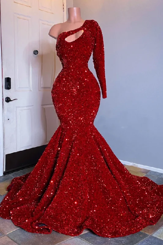 One Shoulder Mermaid Red Prom Dresses | Sequins Evening Gowns  BC3613
