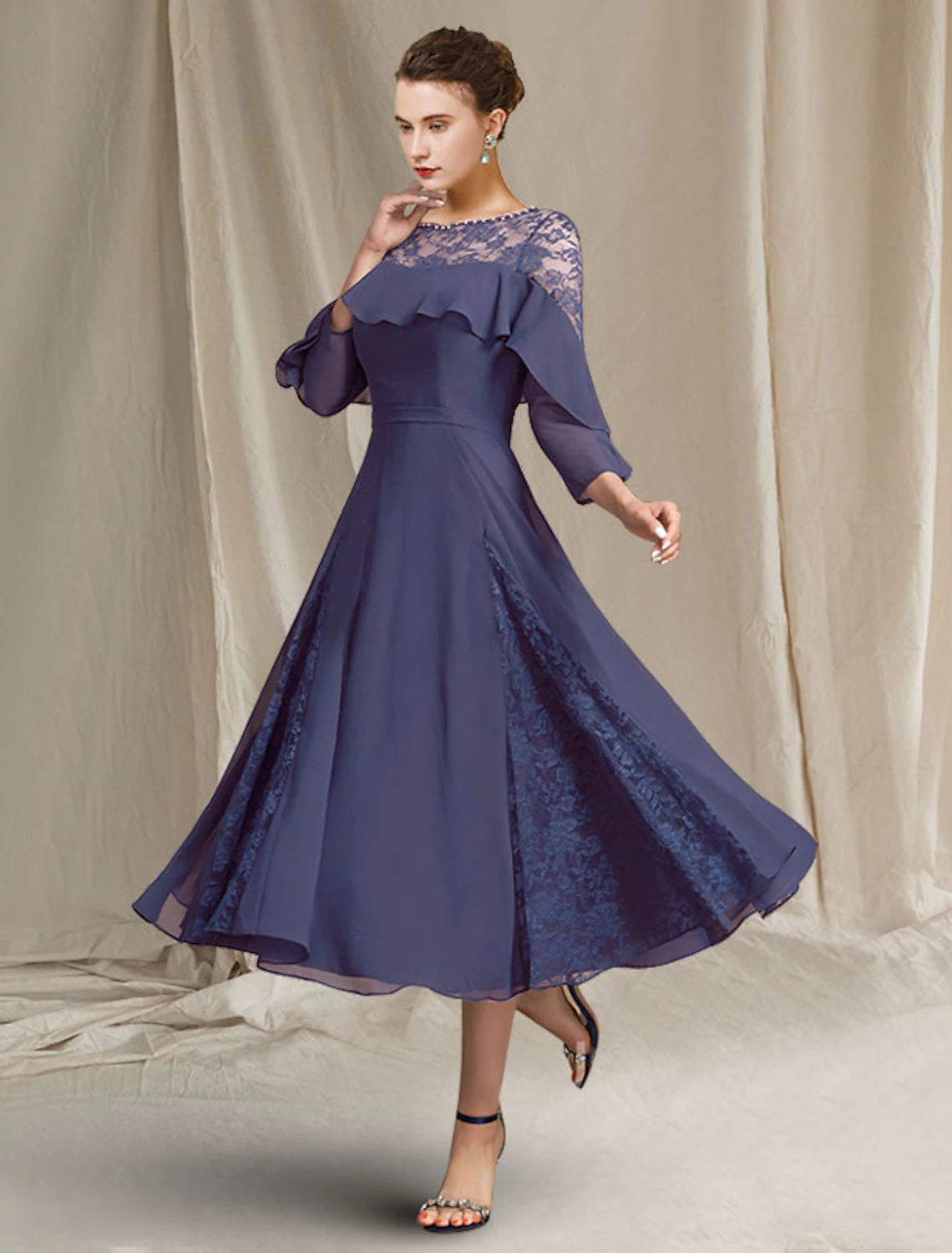 A-Line Mother of the Bride Dress Elegant Jewel Neck Tea Length Chiffon 3/4 Length Sleeve with Pleats Sequin Ruffles A-Line Mother of the Bride Dress Elegant Jewel Neck Tea Length Chiffon 3/4 Length Sleeve with Pleats Sequin Ruffles