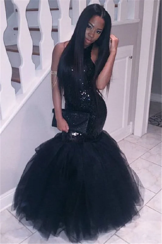 Black Sequins Mermaid Halter Evening Dresses  Sleeveless Tulle Prom Dress CE0032