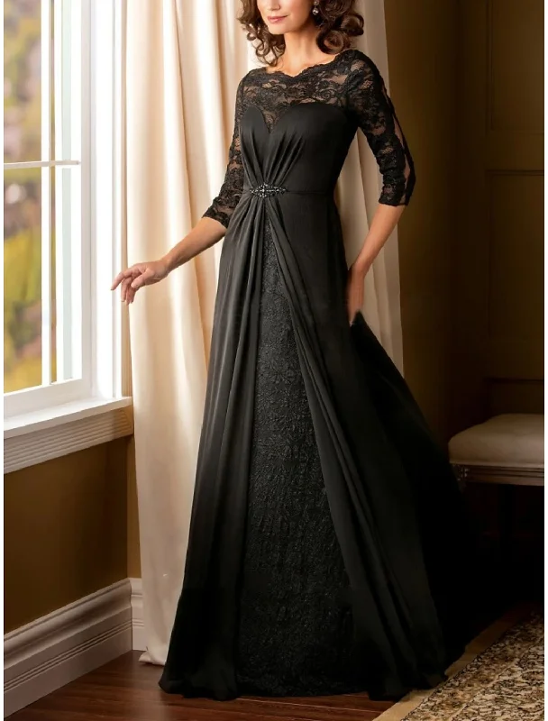 A-Line Mother of the Bride Dress Wedding Guest Elegant Scoop Neck Floor Length Chiffon Half Sleeve with Lace Beading Ruching A-Line Mother of the Bride Dress Wedding Guest Elegant Scoop Neck Floor Length Chiffon Half Sleeve with Lace Beading Ruching