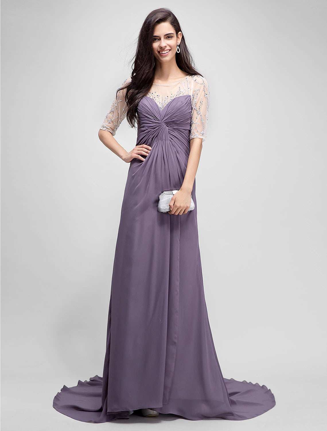 A-Line Mother of the Bride Dress Elegant Scoop Neck Floor Length Chiffon Half Sleeve No with Criss Cross Beading A-Line Mother of the Bride Dress Elegant Scoop Neck Floor Length Chiffon Half Sleeve No with Criss Cross Beading