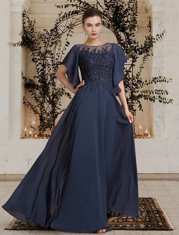 A-Line Mother of the Bride Dress Elegant Jewel Neck Floor Length Chiffon Lace Short Sleeve with Beading Appliques A-Line Mother of the Bride Dress Elegant Jewel Neck Floor Length Chiffon Lace Short Sleeve with Beading Appliques