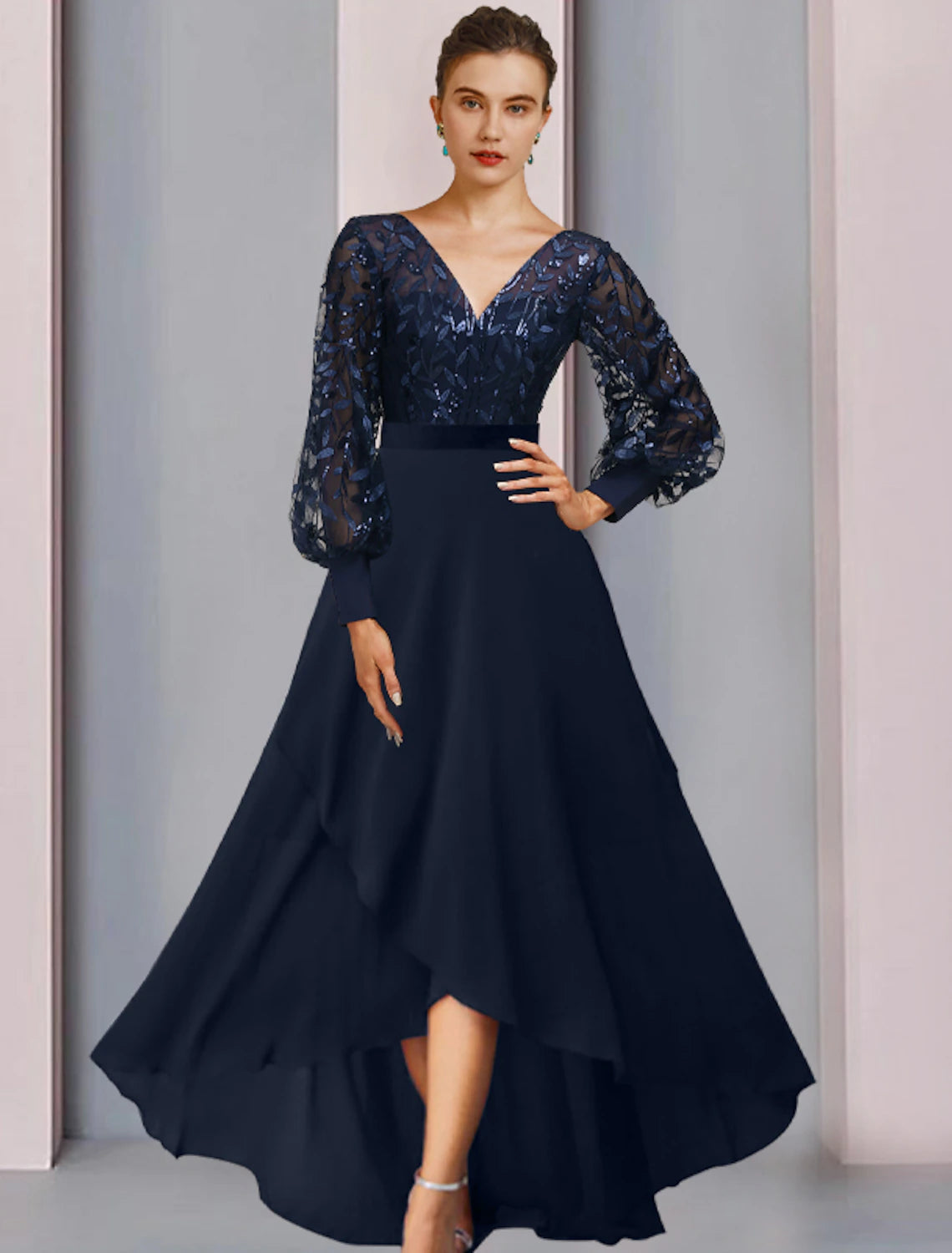 A-Line Mother of the Bride Dress Wedding Guest Sparkle & Shine High Low Jewel Neck Asymmetrical Tea Length Chiffon Lace Sequined Long Sleeve with Sequin Appliques Fall A-Line Mother of the Bride Dress Wedding Guest Sparkle & Shine High Low Jewel Neck Asymmetrical Tea Length Chiffon Lace Sequined Long Sleeve with Sequin Appliques Fall