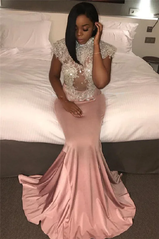 High Neck Pink Mermaid Prom Dress Shiny Beaded Sequins Cap Sleeves Evening Gowns BA5558 High Neck Pink Mermaid Prom Dress Shiny Beaded Sequins Cap Sleeves Evening Gowns BA5558