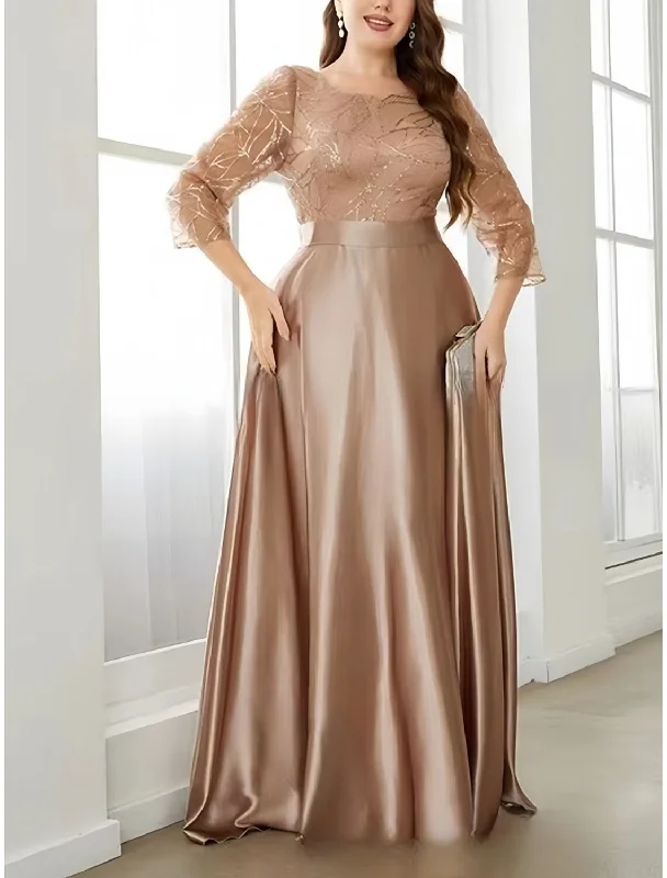 A-Line Plus Size Curve Mother of the Bride Dress Wedding Guest Plus Size Sparkle & Shine Scoop Neck Sweep / Brush Train Satin 3/4 Length Sleeve with Pleats Sequin A-Line Plus Size Curve Mother of the Bride Dress Wedding Guest Plus Size Sparkle & Shine Scoop Neck Sweep / Brush Train Satin 3/4 Length Sleeve with Pleats Sequin