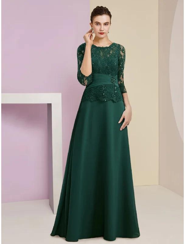 A-Line Mother of the Bride Dress Wedding Guest Elegant Scoop Neck Floor Length Stretch Chiffon 3/4 Length Sleeve with Lace Sequin Ruching A-Line Mother of the Bride Dress Wedding Guest Elegant Scoop Neck Floor Length Stretch Chiffon 3/4 Length Sleeve with Lace Sequin Ruching