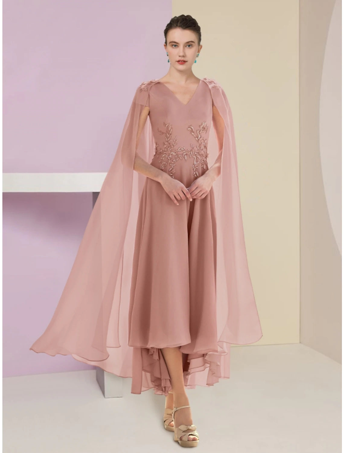 A-Line Mother of the Bride Dress Wedding Guest Elegant V Neck Asymmetrical Ankle Length Chiffon Lace Short Sleeve with Ruching Solid Color A-Line Mother of the Bride Dress Wedding Guest Elegant V Neck Asymmetrical Ankle Length Chiffon Lace Short Sleeve with Ruching Solid Color