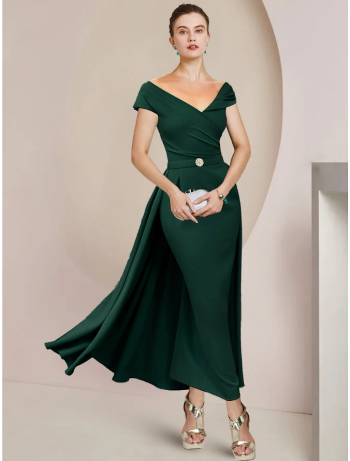 Sheath / Column Mother of the Bride Dress Wedding Guest Party Elegant V Neck Ankle Length Stretch Fabric Short Sleeve with Pleats Crystal Brooch Sheath / Column Mother of the Bride Dress Wedding Guest Party Elegant V Neck Ankle Length Stretch Fabric Short Sleeve with Pleats Crystal Brooch