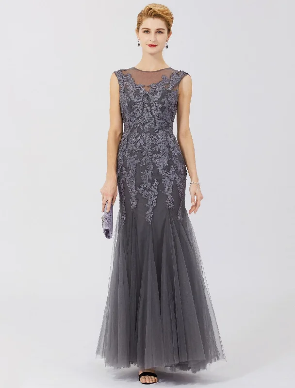 Mermaid / Trumpet Mother of the Bride Dress Classic & Timeless Elegant & Luxurious See Through Illusion Neck Floor Length Lace Tulle Sleeveless with Pleats Appliques Mermaid / Trumpet Mother of the Bride Dress Classic & Timeless Elegant & Luxurious See Through Illusion Neck Floor Length Lace Tulle Sleeveless with Pleats Appliques