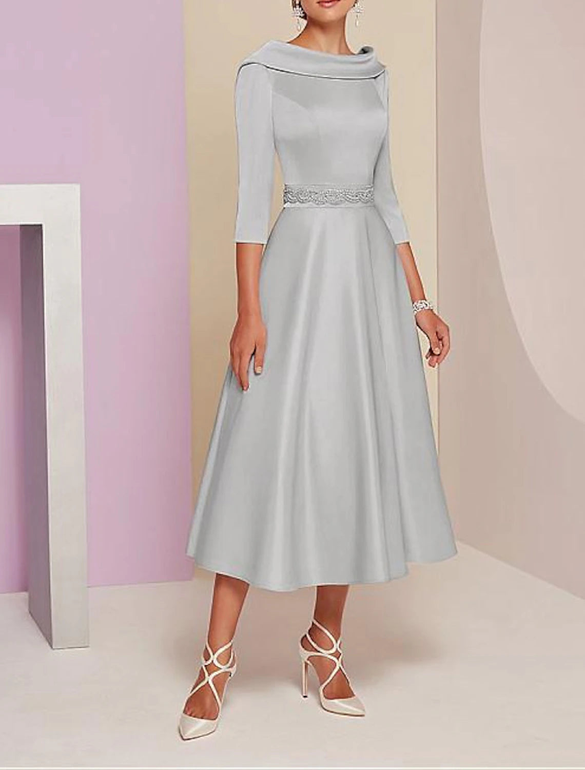A-Line Mother of the Bride Dress Wedding Guest Vintage Plus Size Elegant Bateau Neck Tea Length Satin 3/4 Length Sleeve with Beading A-Line Mother of the Bride Dress Wedding Guest Vintage Plus Size Elegant Bateau Neck Tea Length Satin 3/4 Length Sleeve with Beading