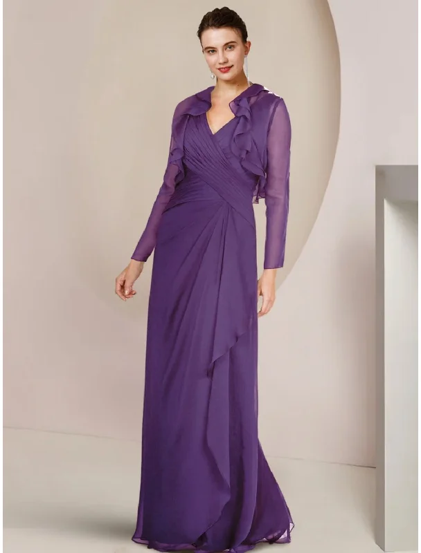 A-Line Mother of the Bride Dress Wedding Guest Elegant V Neck Floor Length Chiffon Long Sleeve with Ruffles Ruching A-Line Mother of the Bride Dress Wedding Guest Elegant V Neck Floor Length Chiffon Long Sleeve with Ruffles Ruching