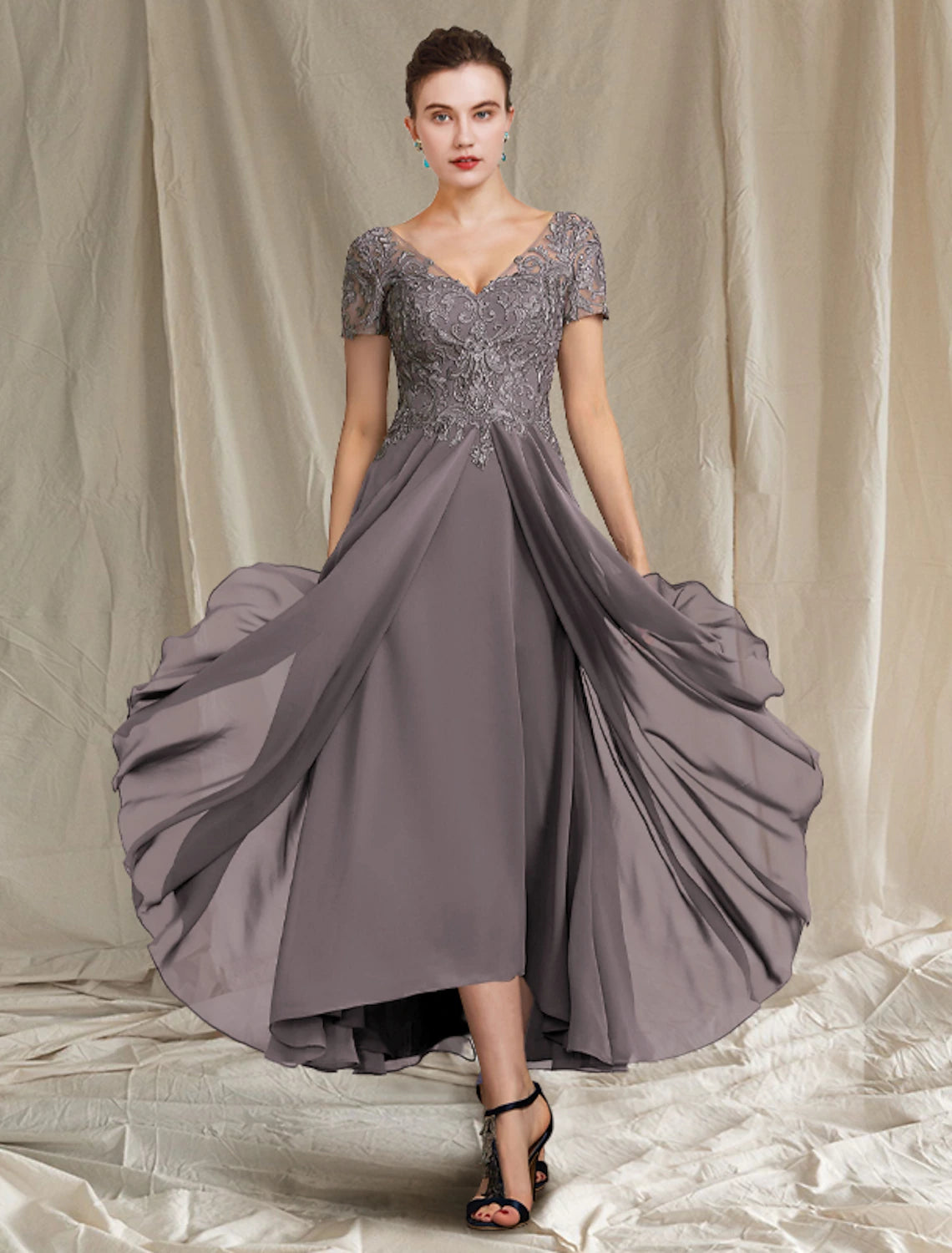 A-Line Mother of the Bride Dress Fall Wedding Guest Plus Size Elegant High Low V Neck Tea Length Chiffon Lace Short Sleeve with Pleats Appliques A-Line Mother of the Bride Dress Fall Wedding Guest Plus Size Elegant High Low V Neck Tea Length Chiffon Lace Short Sleeve with Pleats Appliques