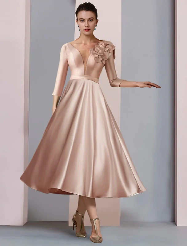 A-Line Mother of the Bride Dress Formal Wedding Guest Party Elegant V Neck Tea Length Satin Lace Half Sleeve with Flower A-Line Mother of the Bride Dress Formal Wedding Guest Party Elegant V Neck Tea Length Satin Lace Half Sleeve with Flower