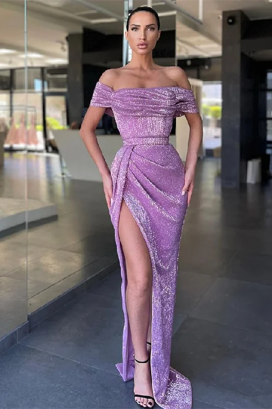 Lilac Off-the-Shoulder Sequins Evening Prom Dresses Long With Slit