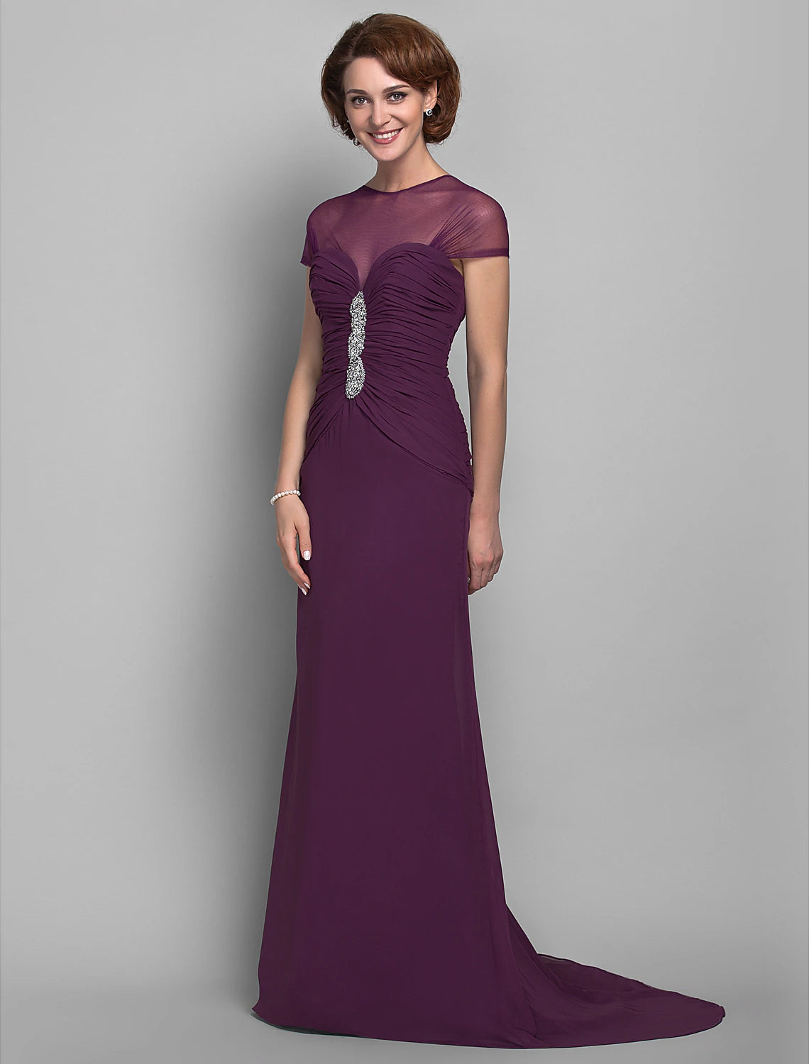 Sheath / Column Mother of the Bride Dress See Through Jewel Neck Sweep / Brush Train Chiffon Tulle Short Sleeve with Beading Side Draping Sheath / Column Mother of the Bride Dress See Through Jewel Neck Sweep / Brush Train Chiffon Tulle Short Sleeve with Beading Side Draping