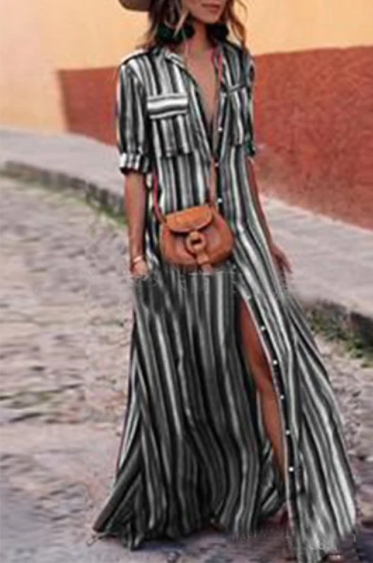 Wjczt  Casual Striped Patchwork Turndown Collar Printed Dress Dresses(4 Colors)
