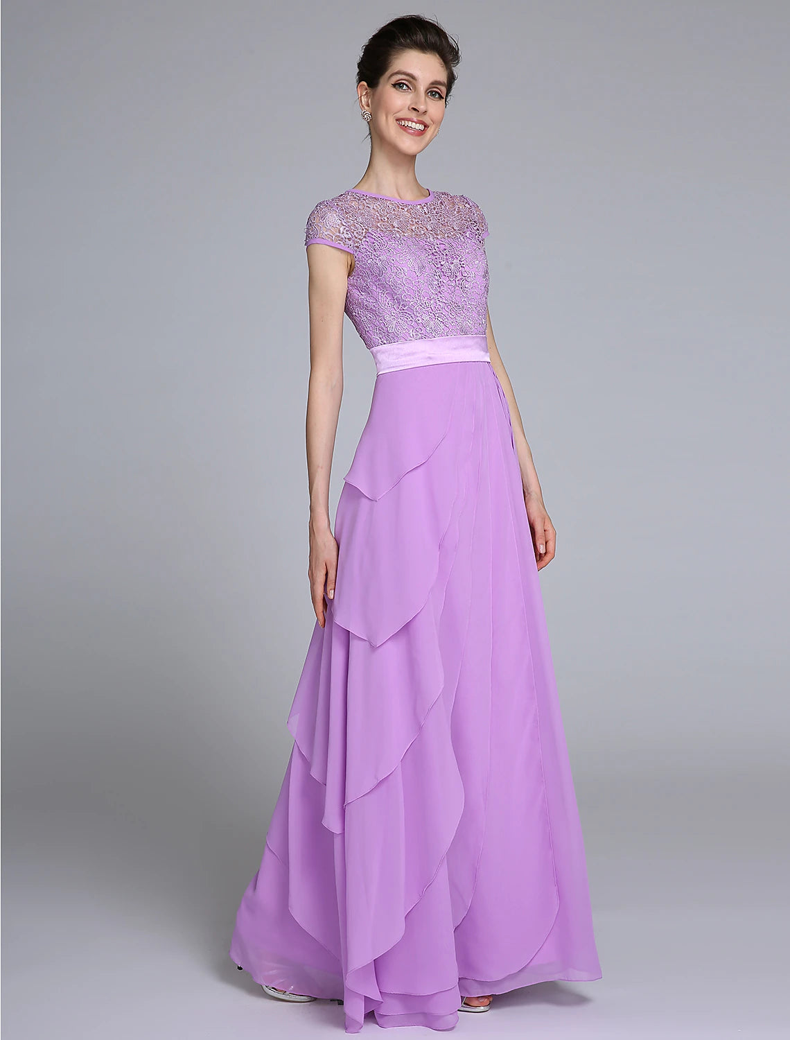 Sheath / Column Mother of the Bride Dress See Through Jewel Neck Floor Length Chiffon Short Sleeve No with Lace Sheath / Column Mother of the Bride Dress See Through Jewel Neck Floor Length Chiffon Short Sleeve No with Lace