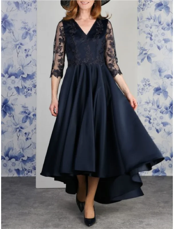 A-Line Mother of the Bride Dress Wedding Guest Vintage Party V Neck Asymmetrical Ankle Length Satin Lace 3/4 Length Sleeve with Pleats Solid Color A-Line Mother of the Bride Dress Wedding Guest Vintage Party V Neck Asymmetrical Ankle Length Satin Lace 3/4 Length Sleeve with Pleats Solid Color