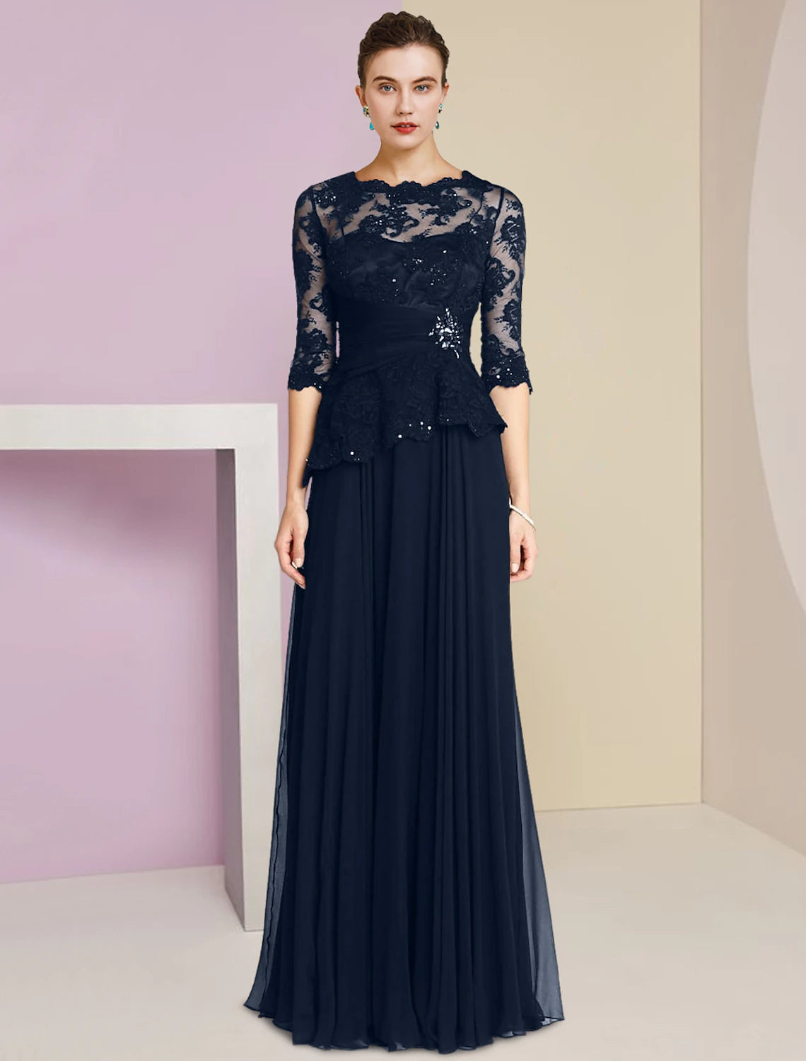 A-Line Mother of the Bride Dress Formal Wedding Guest Elegant Scoop Neck Floor Length Chiffon Lace Half Sleeve with Pleats Appliques Crystal Brooch A-Line Mother of the Bride Dress Formal Wedding Guest Elegant Scoop Neck Floor Length Chiffon Lace Half Sleeve with Pleats Appliques Crystal Brooch