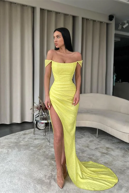 Off-the-Shoulder Daffodil Mermaid Evening Prom Dresses Sequins Slit Long Online
