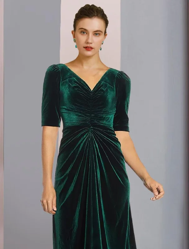 A-Line Mother of the Bride Dress Wedding Guest Elegant High Low V Neck Asymmetrical Tea Length Velvet Short Sleeve with Ruched A-Line Mother of the Bride Dress Wedding Guest Elegant High Low V Neck Asymmetrical Tea Length Velvet Short Sleeve with Ruched