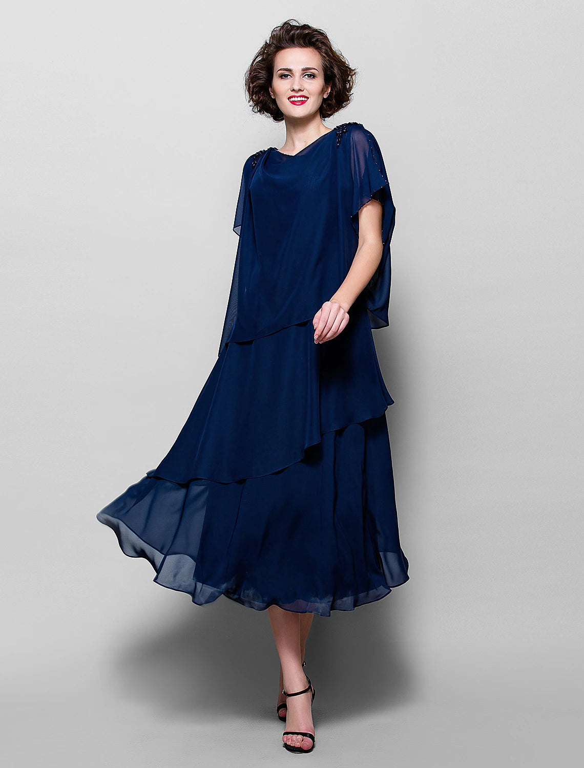 A-Line Mother of the Bride Dress Plus Size Elegant Cowl Neck Tea Length Chiffon Short Sleeve with Ruffles Crystal Brooch A-Line Mother of the Bride Dress Plus Size Elegant Cowl Neck Tea Length Chiffon Short Sleeve with Ruffles Crystal Brooch