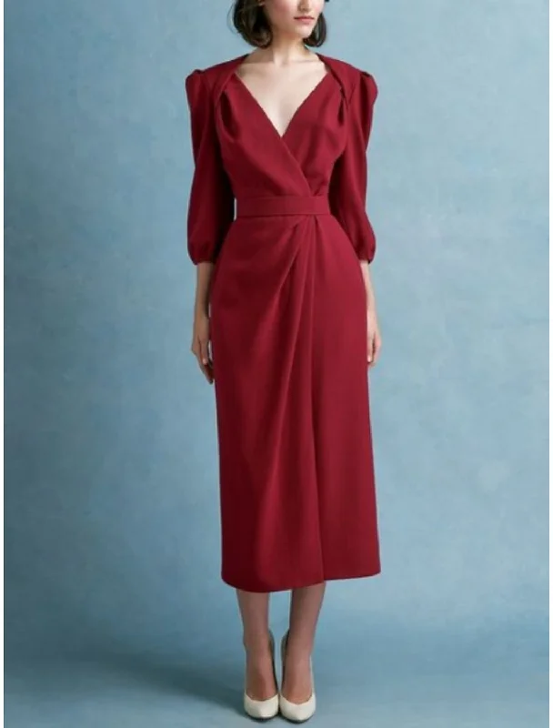 Sheath / Column Mother of the Bride Dress Simple Elegant V Neck Tea Length Stretch Fabric 3/4 Length Sleeve with Ruching Solid Color Sheath / Column Mother of the Bride Dress Simple Elegant V Neck Tea Length Stretch Fabric 3/4 Length Sleeve with Ruching Solid Color