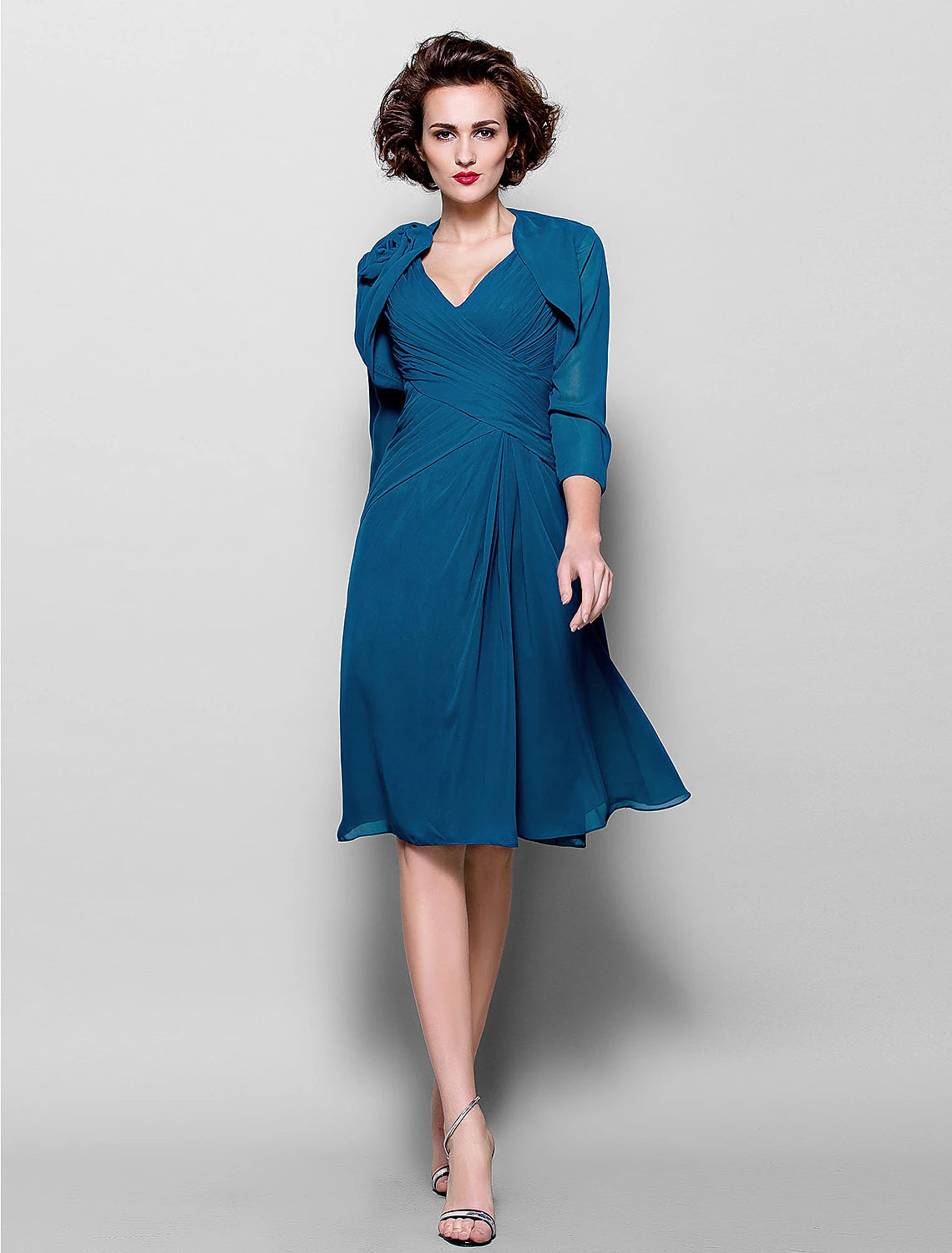 A-Line Mother of the Bride Dress Wrap Included V Neck Knee Length Chiffon 3/4 Length Sleeve with Criss Cross Side Draping Flower A-Line Mother of the Bride Dress Wrap Included V Neck Knee Length Chiffon 3/4 Length Sleeve with Criss Cross Side Draping Flower