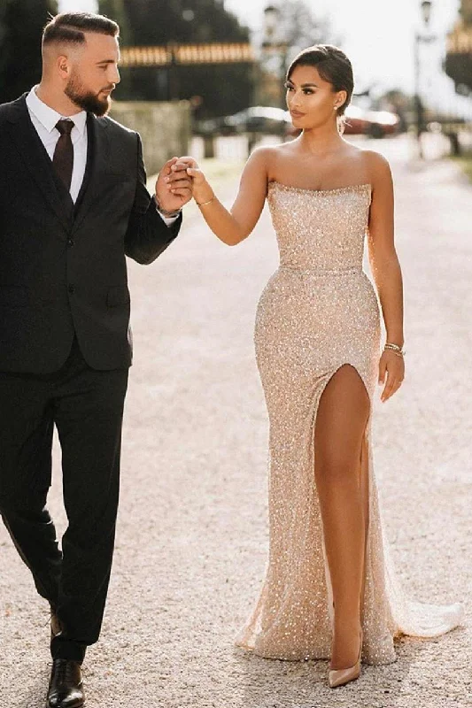 Simple Champagne Strapless Sequins Prom Dresses with Slit
