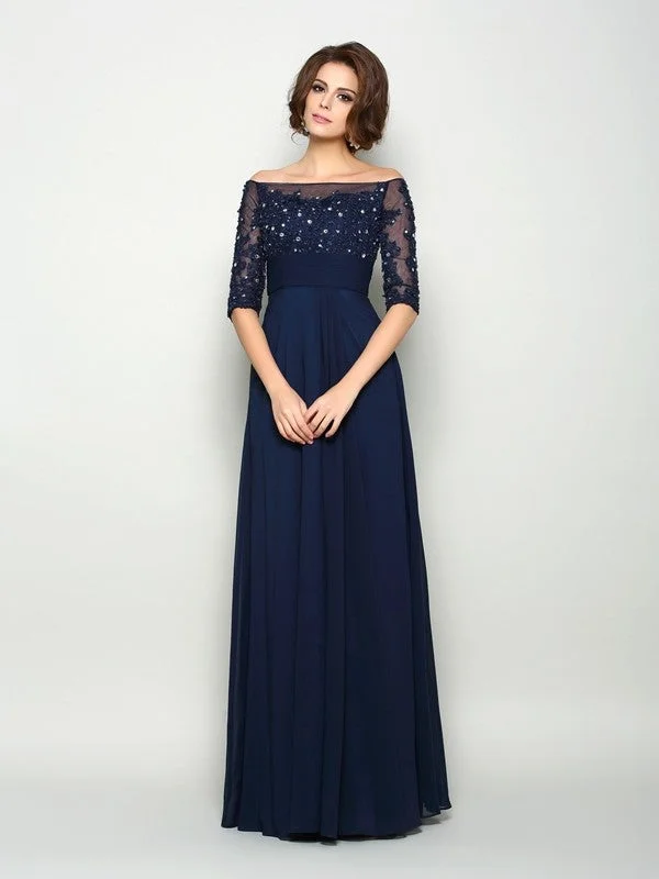 A-Line Chiffon Off-the-Shoulder 1/2 Sleeves Floor-Length With Beading Mother of the Bride Dresses A-Line Chiffon Off-the-Shoulder 1/2 Sleeves Floor-Length With Beading Mother of the Bride Dresses