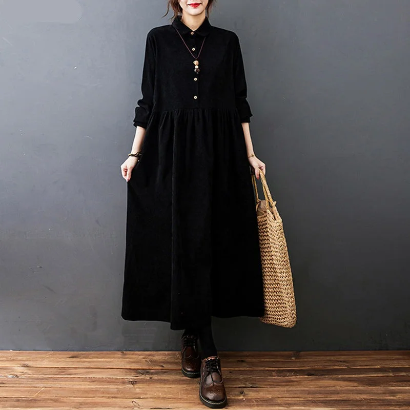 Wjczt 2022 New Autumn Winter Women Dress Vintage Solid Corduroy Casual Loose Fashion Long Sleeve Office Elegant Ladies Dresses Girl Wjczt 2022 New Autumn Winter Women Dress Vintage Solid Corduroy Casual Loose Fashion Long Sleeve Office Elegant Ladies Dresses Girl