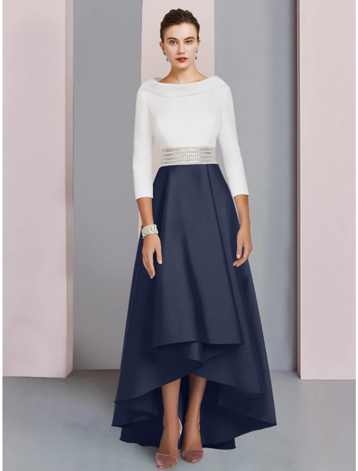 A-Line Mother of the Bride Dress Wedding Guest Elegant Scoop Neck Asymmetrical Floor Length Satin 3/4 Length Sleeve with Sequin Ruching A-Line Mother of the Bride Dress Wedding Guest Elegant Scoop Neck Asymmetrical Floor Length Satin 3/4 Length Sleeve with Sequin Ruching