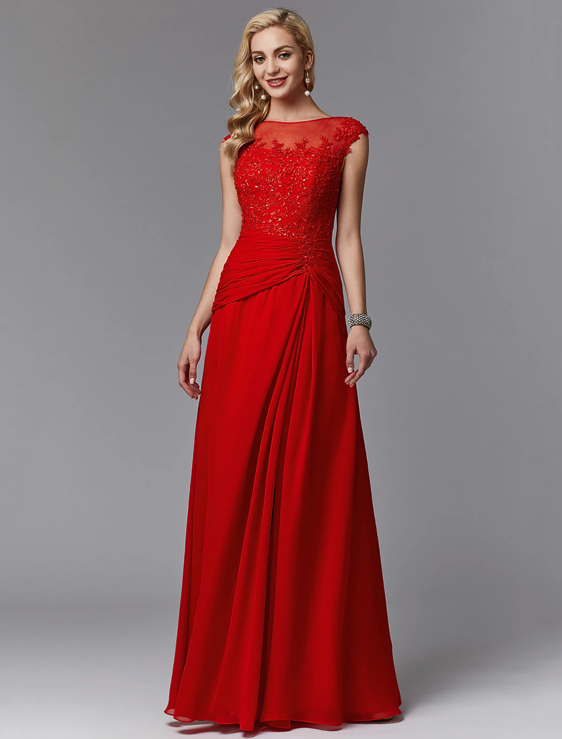 Sheath / Column Mother of the Bride Dress Chinese Style See Through Illusion Detail Boat Neck Floor Length Chiffon Lace Sleeveless with Pleats Beading Appliques Sheath / Column Mother of the Bride Dress Chinese Style See Through Illusion Detail Boat Neck Floor Length Chiffon Lace Sleeveless with Pleats Beading Appliques