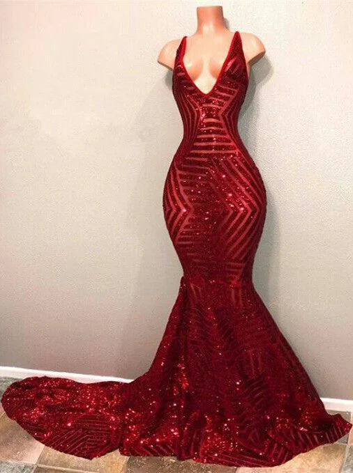 Mermaid Red Sequins Prom Dresses V-neck Sleeveless Long Train Sexy Evening Gown BA7779 Mermaid Red Sequins Prom Dresses V-neck Sleeveless Long Train Sexy Evening Gown BA7779