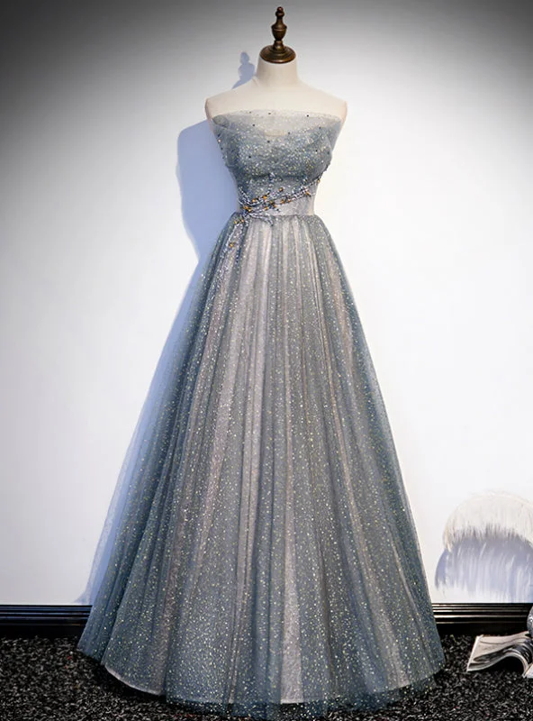 Silver Gray Tulle Sequins Strapless Beading Prom Dress