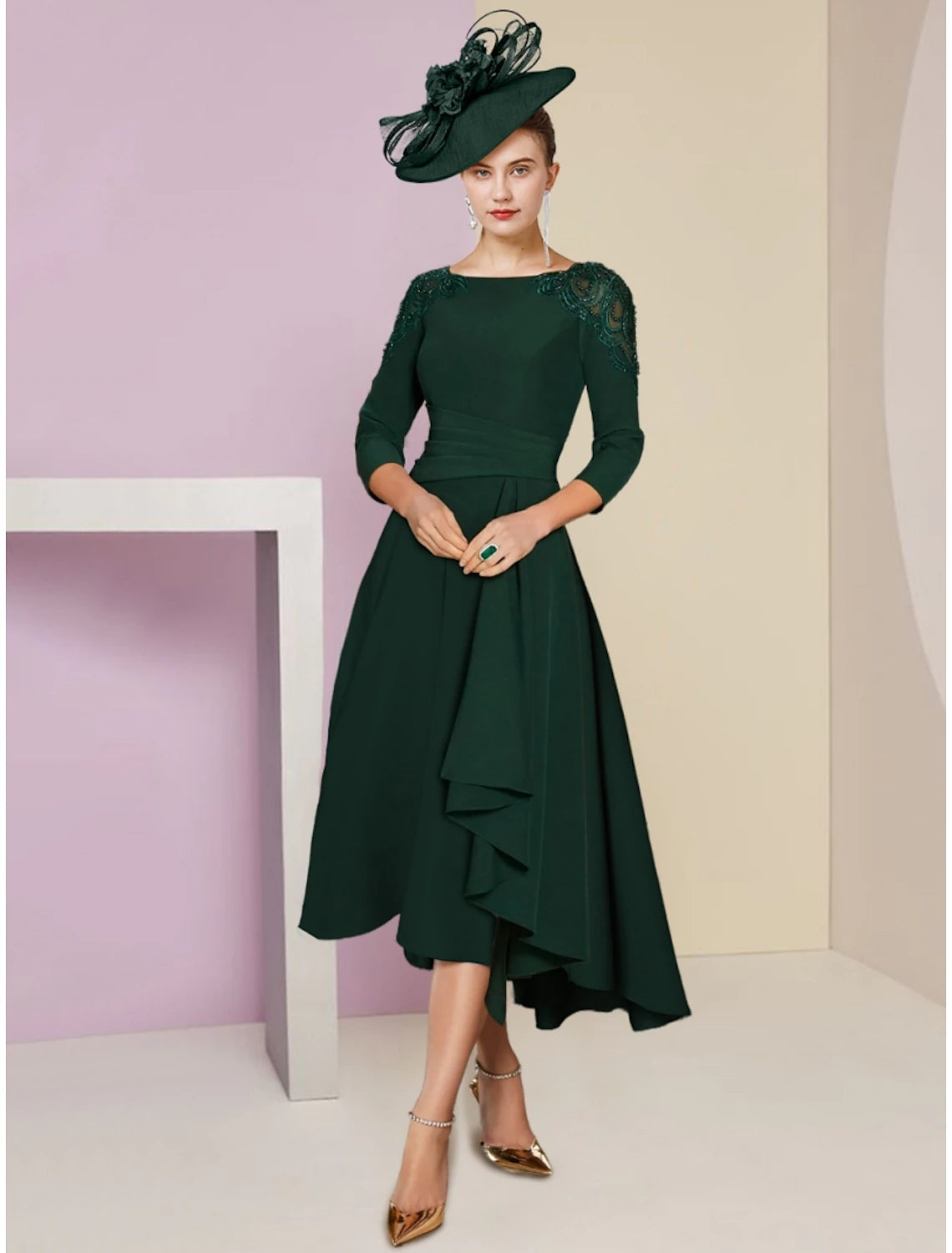 A-Line Mother of the Bride Dress Wedding Guest Elegant Scoop Neck Asymmetrical Stretch Chiffon 3/4 Length Sleeve with Sequin Ruching Solid Color A-Line Mother of the Bride Dress Wedding Guest Elegant Scoop Neck Asymmetrical Stretch Chiffon 3/4 Length Sleeve with Sequin Ruching Solid Color