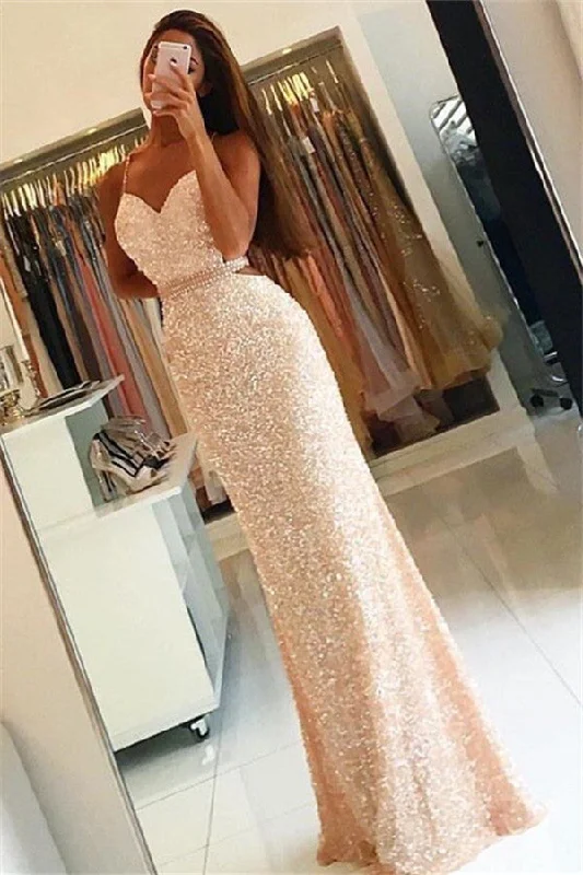 Spaghetti Straps Sequins Long Evening Dresses Open Back  Prom Dress with Beading Belt BA3978