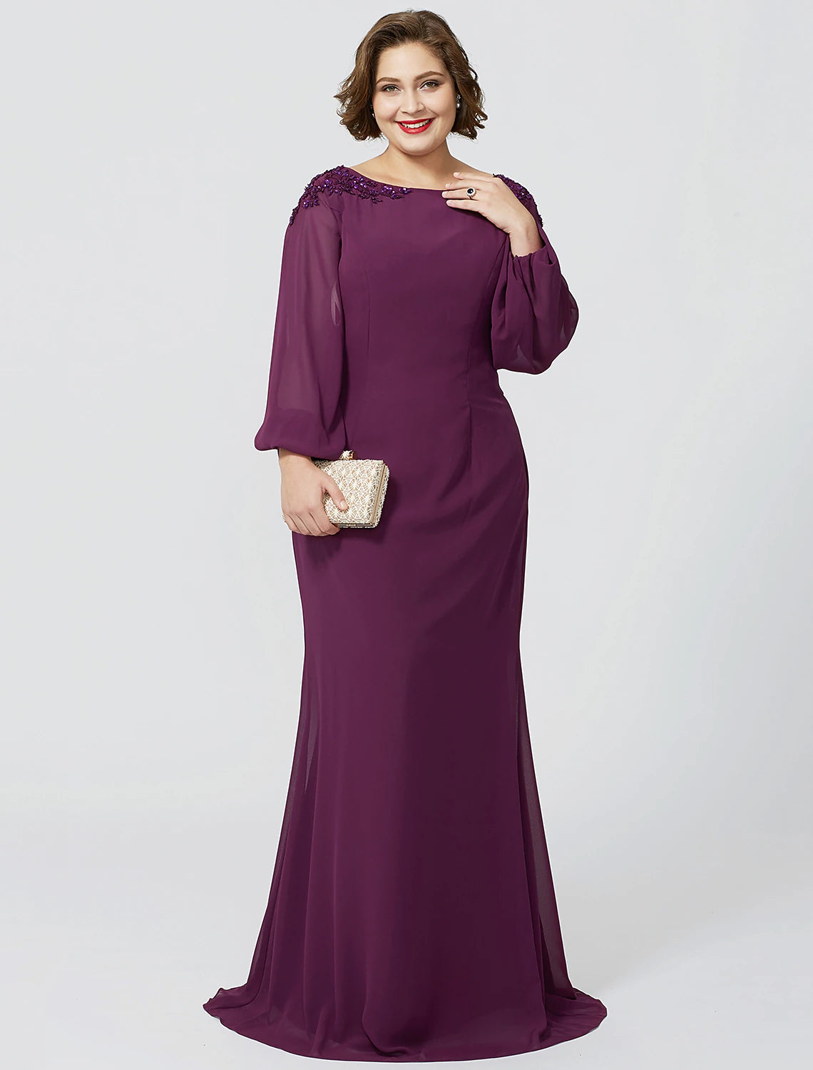 Sheath / Column Mother of the Bride Dress Formal Classic & Timeless Elegant & Luxurious Plus Size Bateau Neck Floor Length Chiffon Long Sleeve No with Beading Appliques Sheath / Column Mother of the Bride Dress Formal Classic & Timeless Elegant & Luxurious Plus Size Bateau Neck Floor Length Chiffon Long Sleeve No with Beading Appliques