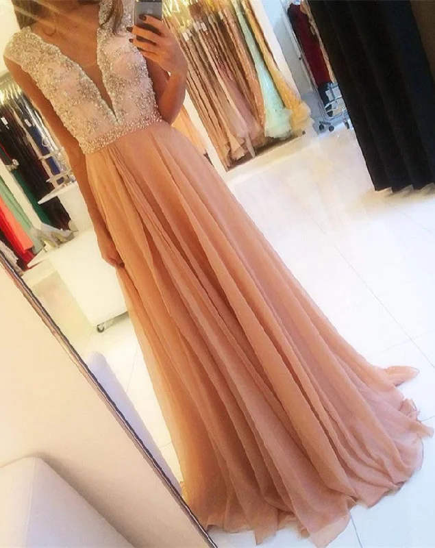 Sweet Deep V-neck Chiffon Prom Dresses  Beading Sequins Evening Gown BA4142