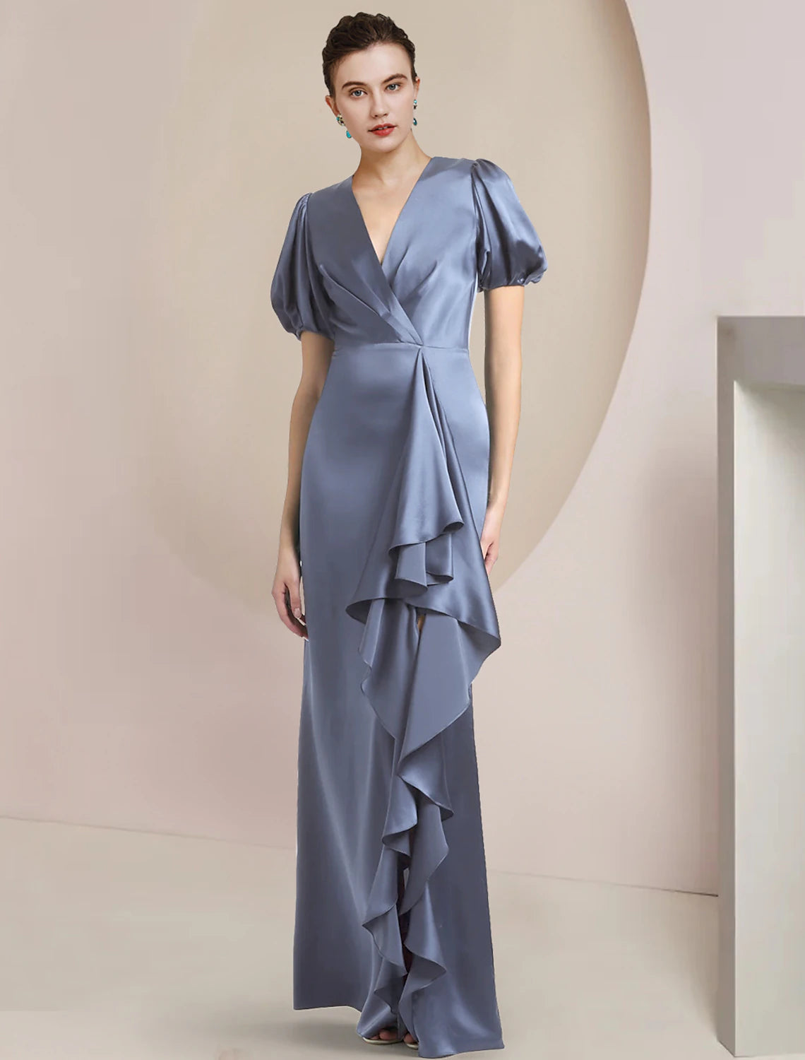 A-Line Mother of the Bride Dress Formal Wedding Guest Party Elegant V Neck Sweep / Brush Train Satin Short Sleeve with Cascading Ruffles A-Line Mother of the Bride Dress Formal Wedding Guest Party Elegant V Neck Sweep / Brush Train Satin Short Sleeve with Cascading Ruffles