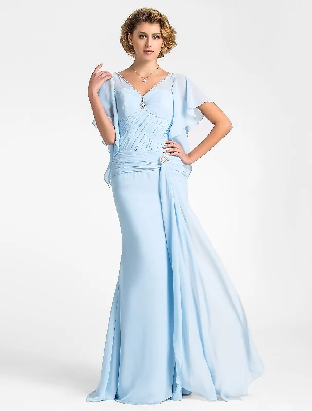 Mermaid / Trumpet Mother of the Bride Dress Vintage Inspired V Neck Floor Length Chiffon Short Sleeve with Beading Side Draping Crystal Brooch/ Butterfly Sleeve Mermaid / Trumpet Mother of the Bride Dress Vintage Inspired V Neck Floor Length Chiffon Short Sleeve with Beading Side Draping Crystal Brooch/ Butterfly Sleeve