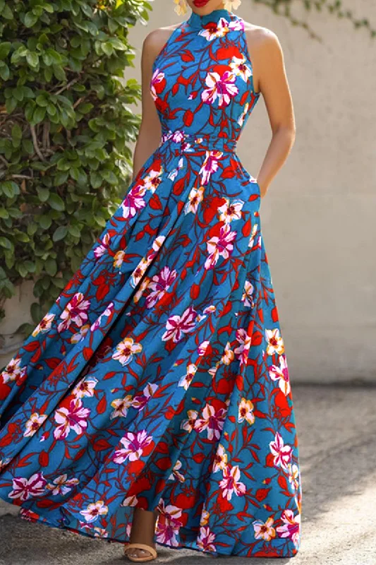 Wjczt  Elegant Floral Frenulum Halter Printed Dress Dresses