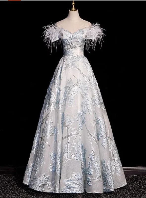 Silver Off the Shoulder Feather Prom Dress