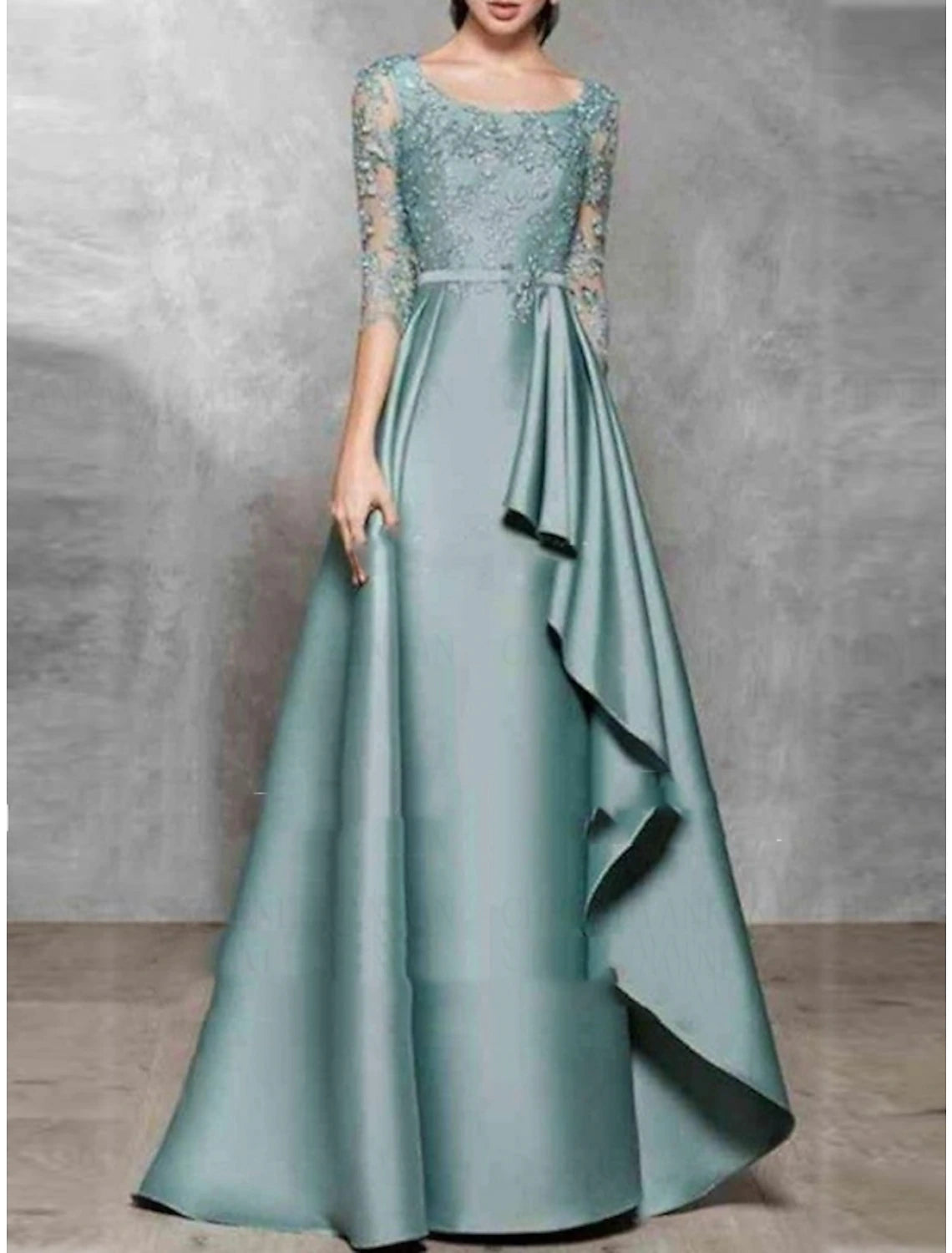 A-Line Evening Gown Black Dress Plus Size Elegant Dress Formal Wedding Floor Length Half Sleeve Scoop Neck Satin with Pleats A-Line Evening Gown Black Dress Plus Size Elegant Dress Formal Wedding Floor Length Half Sleeve Scoop Neck Satin with Pleats