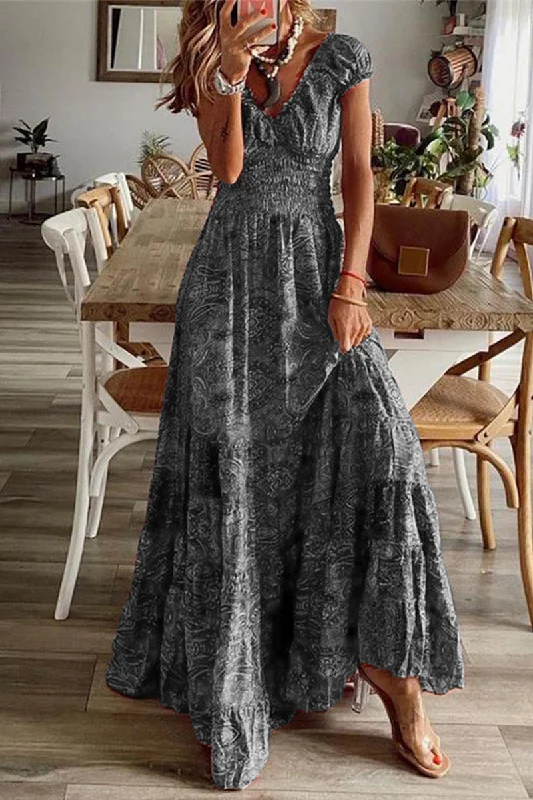 Wjczt  Bohemian College Print Fold V Neck A Line Dresses(6 Colors)
