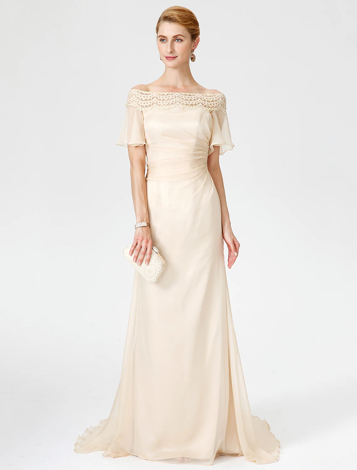 Sheath / Column Mother of the Bride Dress Elegant Off Shoulder Sweep / Brush Train Chiffon Lace Short Sleeve with Pleats Sheath / Column Mother of the Bride Dress Elegant Off Shoulder Sweep / Brush Train Chiffon Lace Short Sleeve with Pleats