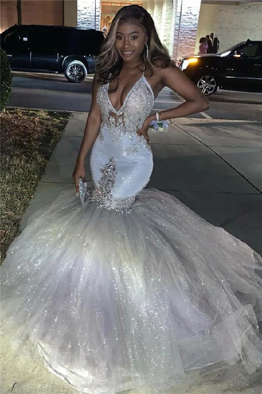 Spaghetti Straps Silver Sparkle Sequins Prom Dress  | Beads Appliques Mermaid Sexy Prom Dress
