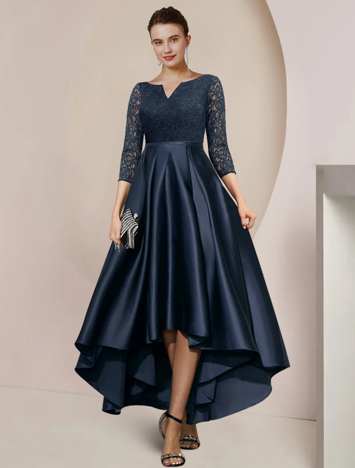 A-Line Mother of the Bride Dress Formal Wedding Guest Elegant High Low Scoop Neck Asymmetrical Tea Length Satin Lace 3/4 Length Sleeve with Pleats Beading A-Line Mother of the Bride Dress Formal Wedding Guest Elegant High Low Scoop Neck Asymmetrical Tea Length Satin Lace 3/4 Length Sleeve with Pleats Beading