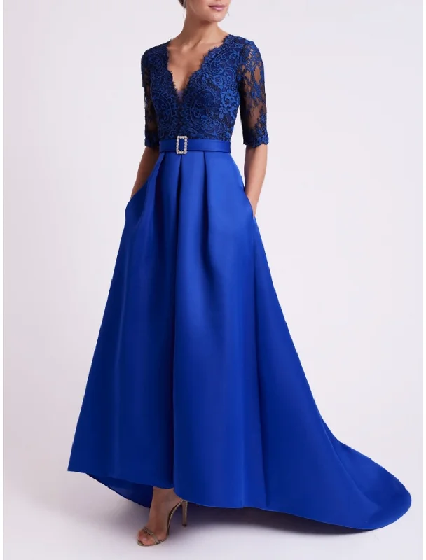 A-Line Mother of the Bride Dress Wedding Guest Party Elegant V Neck Sweep / Brush Train Satin Half Sleeve with Lace Crystal Brooch Ruching A-Line Mother of the Bride Dress Wedding Guest Party Elegant V Neck Sweep / Brush Train Satin Half Sleeve with Lace Crystal Brooch Ruching