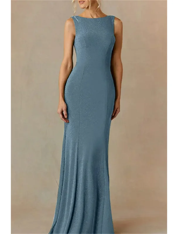 Mermaid / Trumpet Mother of the Bride Dress Wedding Guest Minimalist Sparkle & Shine Elegant Bateau Neck Floor Length Polyester Sleeveless with Solid Color Mermaid / Trumpet Mother of the Bride Dress Wedding Guest Minimalist Sparkle & Shine Elegant Bateau Neck Floor Length Polyester Sleeveless with Solid Color